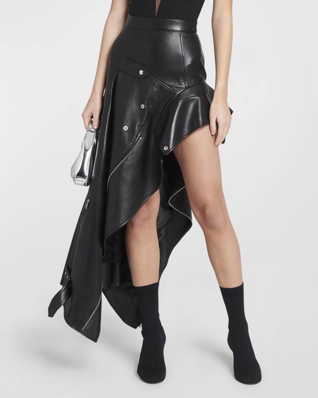 Asymmetric Deconstructed High-Low Leather Moto Skirt